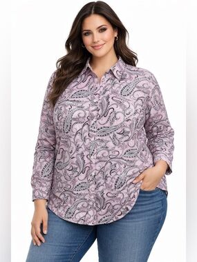 Chaps Womens Pink Black Cotton Western Bandanna Long Sleeve Blouse 2x